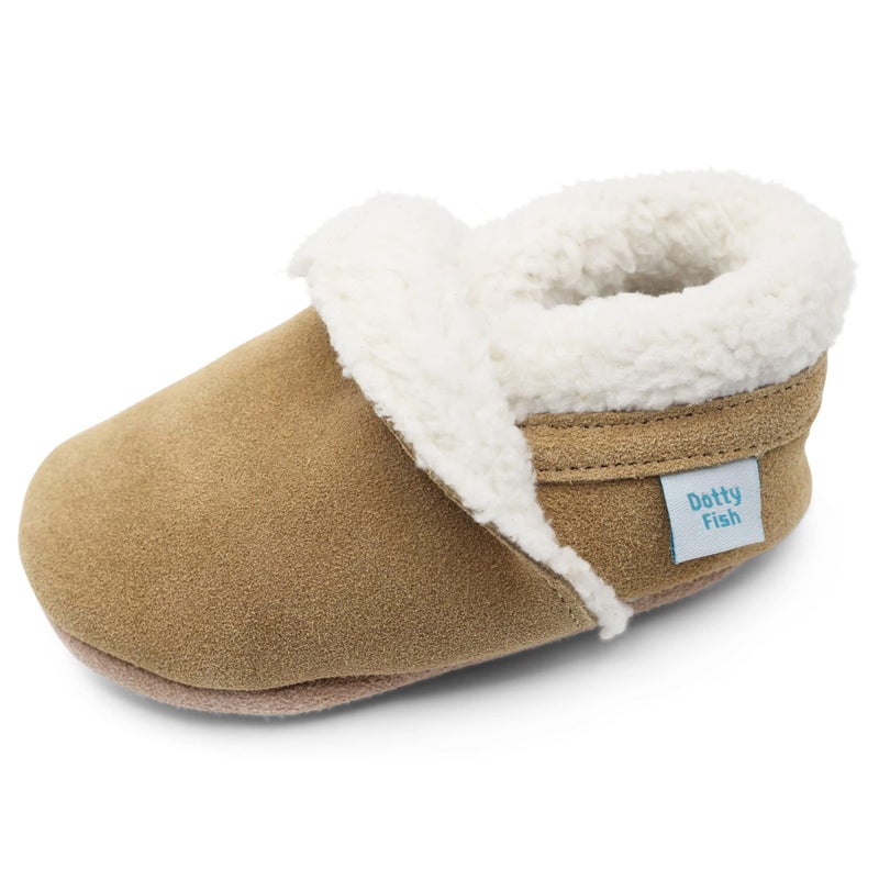 Dotty Fish Toddler Suede Slippers. Light Brown. 12-18 Months - Image 1